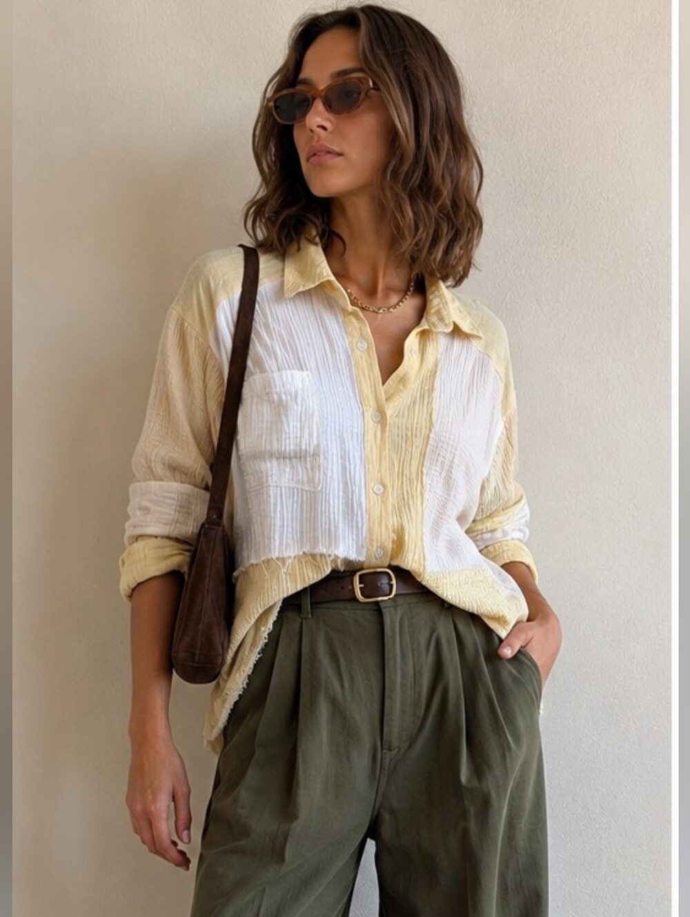 New In Colorblock Gauze Oversized Shirt Size M Raw Hem Boho